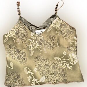 Vintage Y2K Beaded Straps Slip Cropped Raw Camisole Floral Lace Green L 12/14